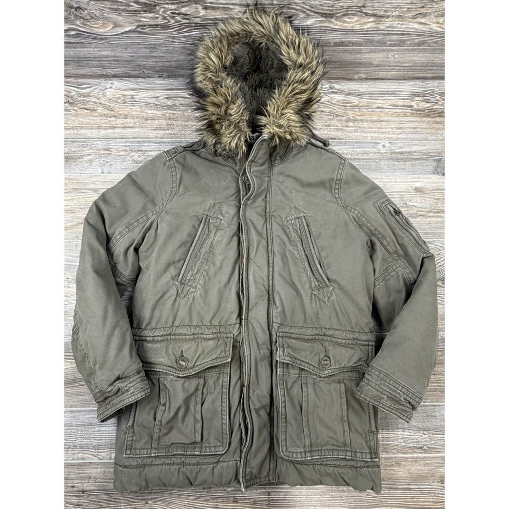 American Eagle Outfitters Parka Coat Men M Green Faux Fur Hood Heavy Y2K Utility